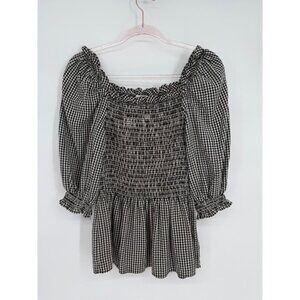 Max Studio Womens Gingham Smocked Puff Sleeve Peplum Top Black White Sz XL